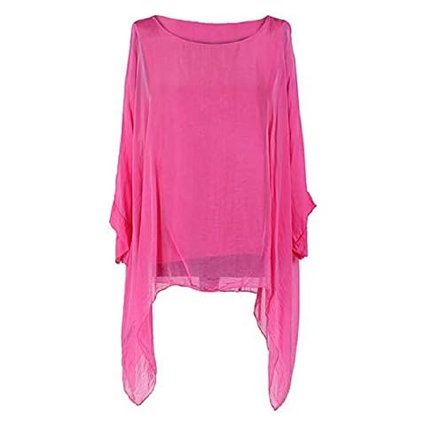 OgLuxe Ladies Womens Italian Lagenlook Silk Batwing Top Plain Tunic Quirky Blouse Plus Size UK 14-20 (Fuschia) Cover
