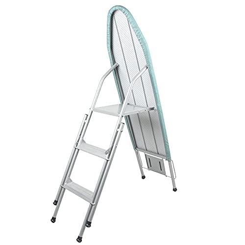 Escalera Plegable+ Tabla DE Plancha - Todo EN UNO - Escalera 3 peldaños - Plancha con Funda de algodón Lavable - Estructura de Acero Resistente. Patas Anti rayaduras