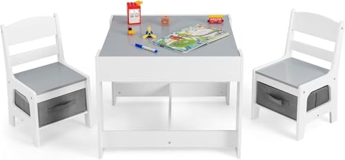 HOMGX Juego de Escritorio de Actividades 3 en 1 para niños, Juego de Mesa y Silla para niños con Pizarra extraíble y cajones de Almacenamiento, Juego de Muebles para niños pequeños para Aprender,