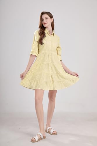 Image of utcoco Womens Striped Button Down Midi Shirt Dress Casual Loose Cuffed Long Sleeve Mid Long Dresses