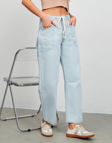 Ladyful Striped Barrel Jeans Women High Waisted Baggy Jeans Wide Leg Denim Pant with Eyelet Drawstring3