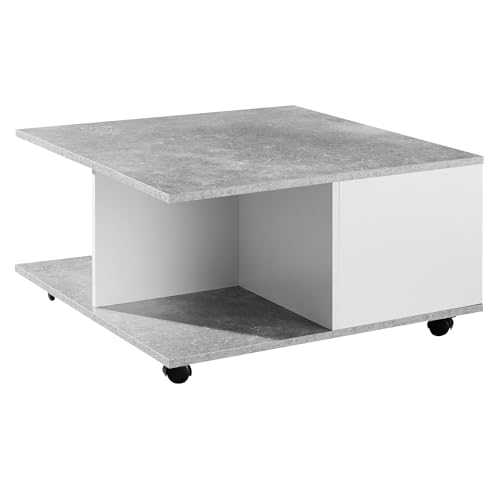 WOHNLING Basse Design Gris Ciment/Blanc | Table de Salon avec 2 tiroirs | Table Basse à roulettes | Table à 2 Compartiments