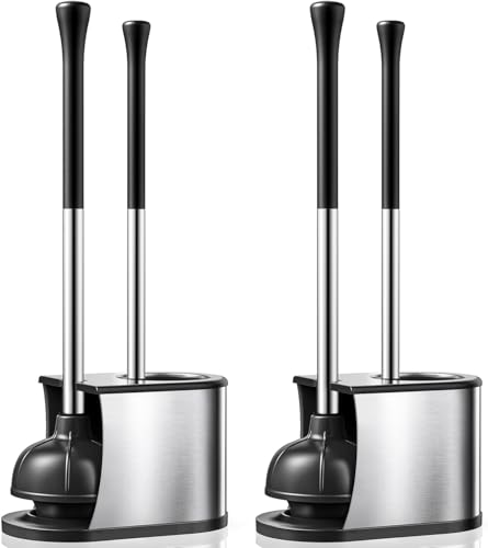 Image of HAMITOR Toilet Plunger and Brush Set: 2 Pack 2 in 1 Stainless Steel Rustproof Combo with Curved Bristles - Heavy Duty Toilet Unclogging for Family Bathroom - Compact Apartment Cleaning Accessories