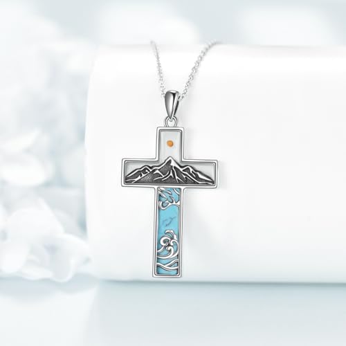 God is Greater than the Highs and Lows Necklace S925 Sterling Silver Turquoise Cross Mountain Pendant Necklace Highs and Lows Christian Jewelry Gifts - Image 3