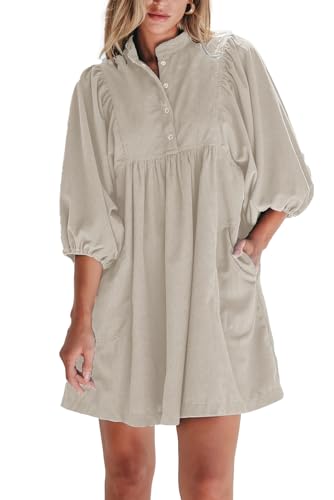 chinese dress ladies Opemiby Womens Casual Dresses Corduroy Button Up Empire Waist 3/4 Sleeve  Fall Winter Mini Babydoll Dress Apricot S at Amazon Women's Clothing store