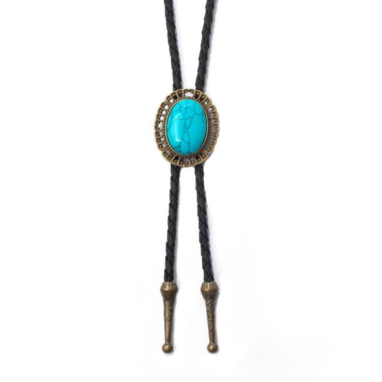 Image of AZORA Western Cowboy Bolo Tie Men Leather Necktie Leather Cord Turquoise Stone Bolo Ties for Men Women