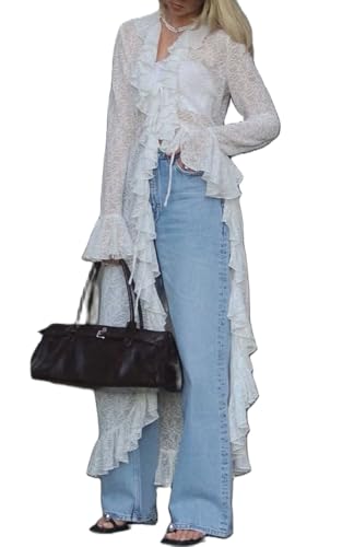 Women Long Lace Kimono Cardigan Flared Long Sleeve Tie Front Ruffle Shirt Dress See Through Flowy Cover Up Tops