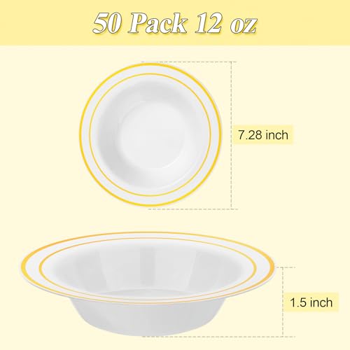 image for BESTSTAR 100 Pack Disposable Soup Bowls with Gold Rim, 12oz Premium He
