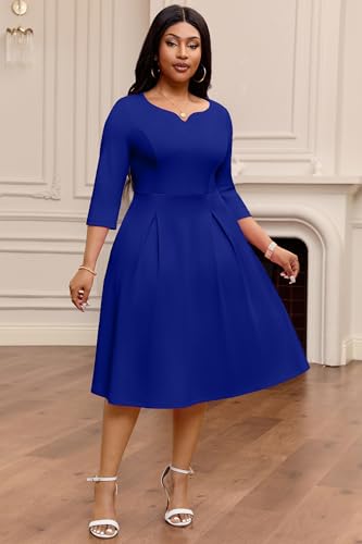 Image of Nmoder Fit-and-Flare Midi Dress V-Notch Neck Casual Dress Side Pockets | V-notch neckline;A-line swing silhouette; Soft breathable fabric; Perfect for church wedding guest work daily wear