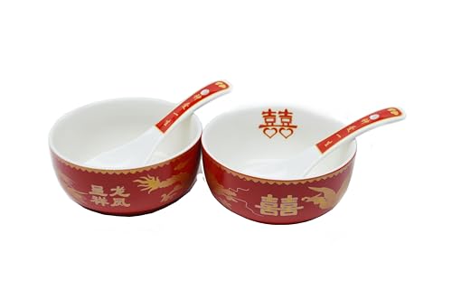 Image of Liang baobao Chinese Wedding Tea Gift 2 Set Bowl Spoon Porcelain Dragon and Phoenix for Adults Men Women Couple Wedding Party (4 /set dragon phoenix double happiness)