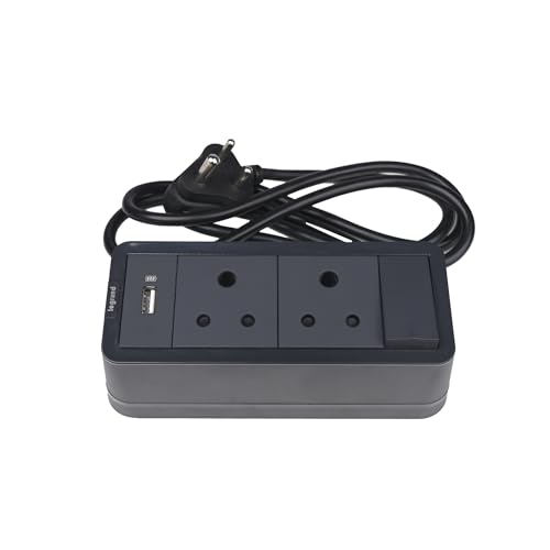 Image of Legrand Extension Board with USB (2-Sockets, 1 Switch, Chic Grey, 1.5M Cable) | 2 x 6A Socket 230V + USB-A 5V 15 amp Charging | IP20 Rated Power Hub for Home, Office, Hotel Use | Spike Guard