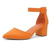 Shoe Land SL-Kyana Women’s Closed Toe Heels Low Block Chunky Heeled Pumps Pointed Toe Ankle Strap Heeled Dress Shoes for Work Business Office and Wedding, Orange, Szie 6.5