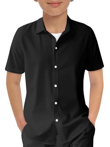Haloumoning Boys Short Sleeve Dress Shirts Kids Summer School Uniform Button Down Shirt 5-14 Years