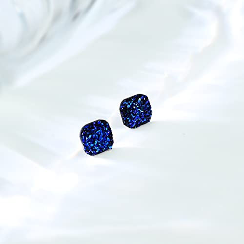 Blue Druzy Stud Earrings 925 Sterling Silver Hypoallergenic Square Stud Earrings for Women Trendy Fashion3