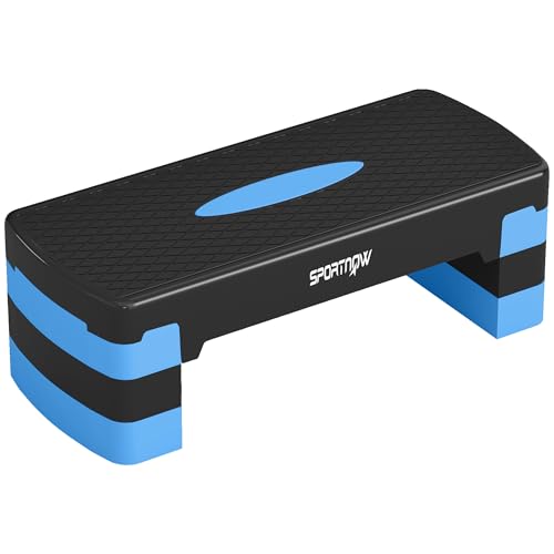 SPORTNOW Stepper Fitness Aérobic 3 Niveaux, Hauteur Réglable 10/15/20 cm avec Rehausses, Surface Antidérapante, Charge 150 kg, Stepper Aérobic pour Maison et Salle de Sport, Bleu