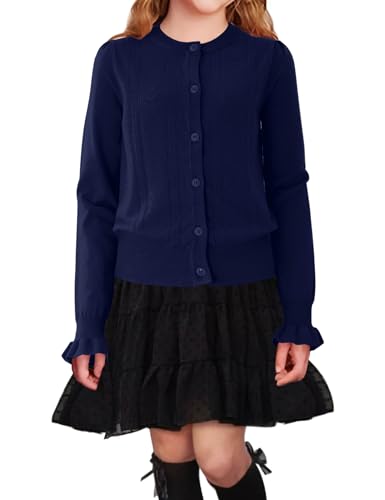 Girls Cardigan Sweater Long Sleeve Crewneck Button Closure Knitted Ruffle Uniform Sweater 5-14Y2