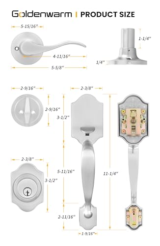 Image of Goldenwarm Double Front Door Lock Set, Brushed Nickel Double Door Handle with Dummy, Double Front Door Hardware Set with Reversible Wave Handle Lever, Double Entry Door Lock Set