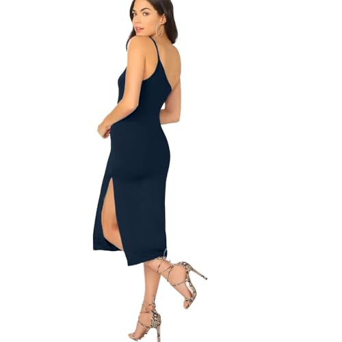Image of TIVANTE Solid One Shoulder Midi Cami Bodycon Dress with Slit for Women
