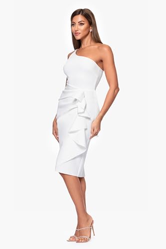 Xscape Women's Sleeveless One Shoulder Scuba Ruffle Midi Dress, Ivory, 42