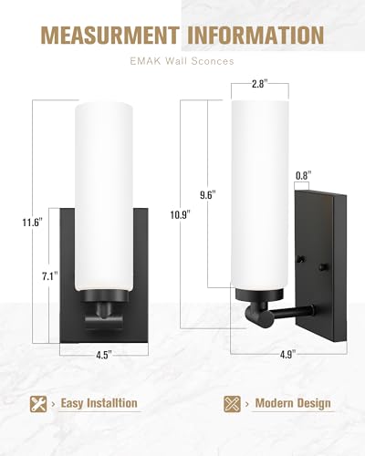 Image of Emak Black Sconces Set of 2, Modern Wall Lights with Milk Glass Shade, Farmhouse Vanity Lights for Bathroom, Living Room, Bedroom, Gallery, WS086-BK-ML-2PK