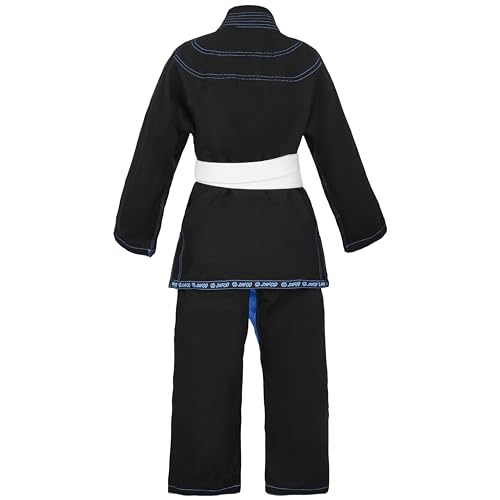 Zafco Sports Brazilian Jiu Jitsu, Kids Jiu Jitsu Gi Children BJJ Gi Grappling Kimonos Lightweight White Belt (Black/Sky-blue, 00)