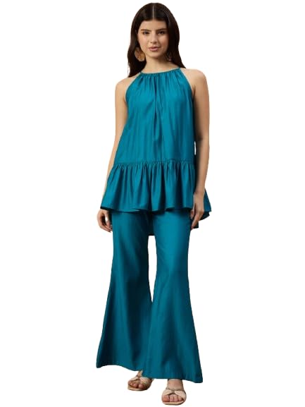 Women’s Blue Sleeveless Top with Flared Pants Co-ord Set-image-27