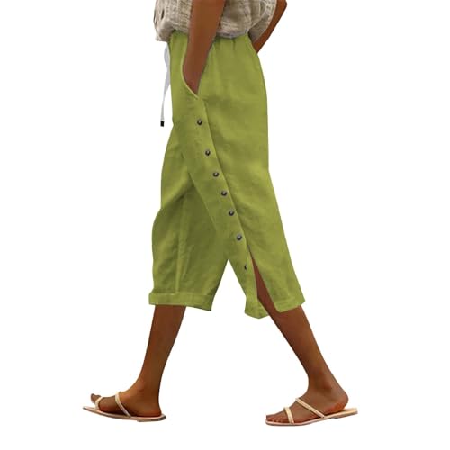Pantalones de algodón y lino para mujer, color liso, cintura elástica, pantalones cortos para mujer, pantalones de verano lisos casuales con bolsillos y diseño de botón lateral, verde menta, L