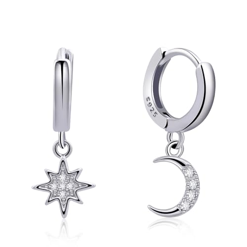 925 Sterling Silver Huggie Hoop Earrings with Moon & Star Design - Handmade Drop Dangle Jewelry for Women & Girls
