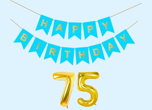 Image of 75th Sky Blue Happy Birthday Decoration Kit for 75 year Old Men Women with Number Seventy-five Party Decorations Decor Celebration Items Item Set Combo Reusable Paper Banner