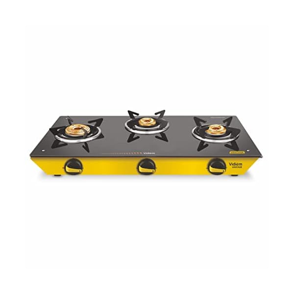 Vidiem Gas Stove G3 224 A Vantage (Yellow) | 3 Burner Gas Stove | Manual Ignition | 8mm Toughened Glass Top Gas Stove | Safety, Reliability, High Efficiency | ISI Certified | 2 years warranty
