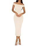 BTFBM Summer Dresses for Women 2025 Midi Off The Shoulder Sleeveless Split Knit Slim Fit Cocktail Party Going Out Dress(Apricot, Medium)