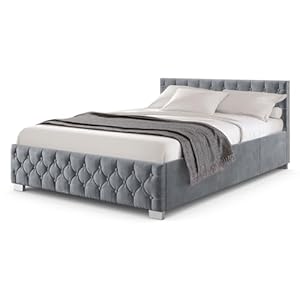 Juskys Gestoffeerd bed Nizza 140×200 cm fluweel met opbergruimte, LED-verlichting en lattenbodem, Chesterfield quilten & hoofdeinde – bedframe – grijs