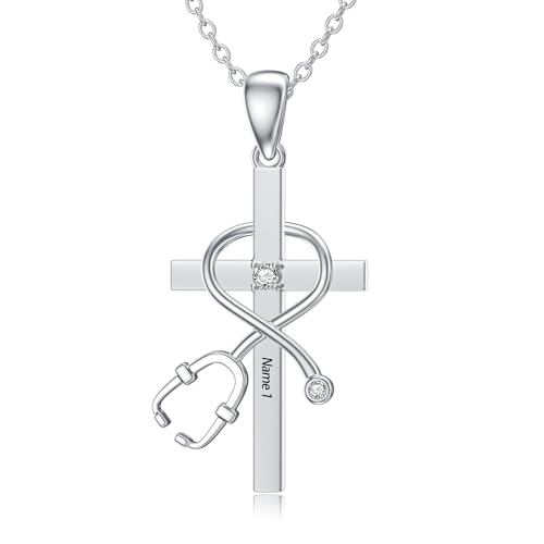 Diamond Nurse Stethoscope Cross Pendant Necklace 925 Sterling Silver Medical Assistant Jewelry Gift for Women Registered Nurse Doctor Medicine Necklace Medical Student Graduation Birthday Jewelry Gift Nurse Week Jewelry Gifts