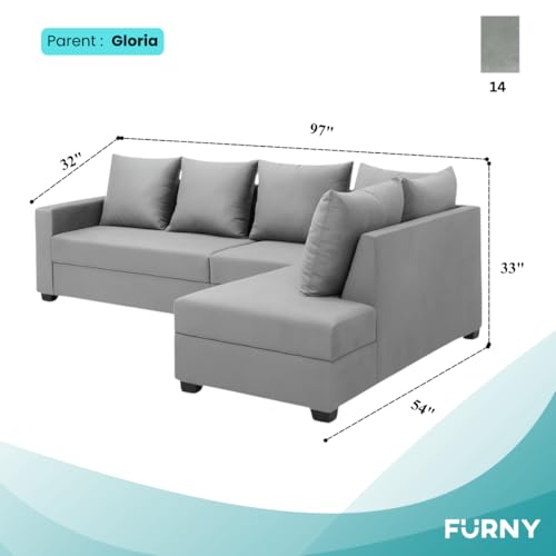 Image of FURNY Gloria 6 Seater Fabric RHS L Shape Sofa Set (Light Grey) Premium Velvet Finish | Durable Comfort | Ideal for Living Room