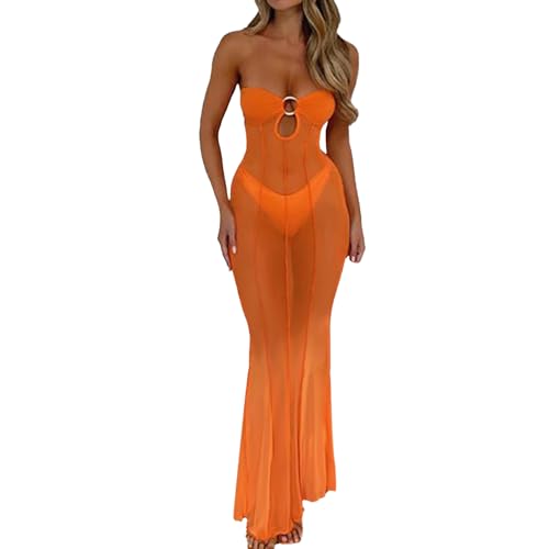 Image of Sexy Sheer Mesh Dresses for Women See Through Maxi Dress Strapless Tube Top Night Party