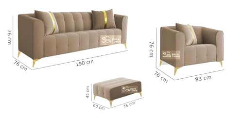 Image of Chesterfield Velvet Upholstery 3-Seater with Armchair and Footrest, Design in 3+1+Footrest Sofa for Living Room, Bedroom, Hallways (Tan Beige)