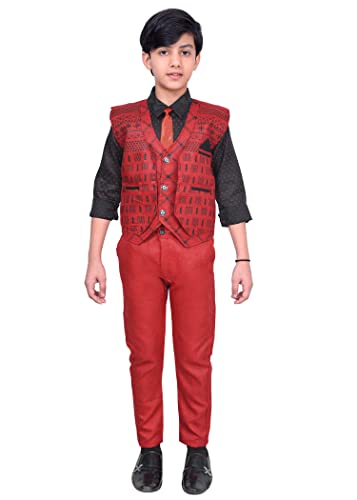 Image of AHHAAAA Cotton Blend Kids Ethnic Waistcoat Shirt and Pant with Tie Set for Boys 623