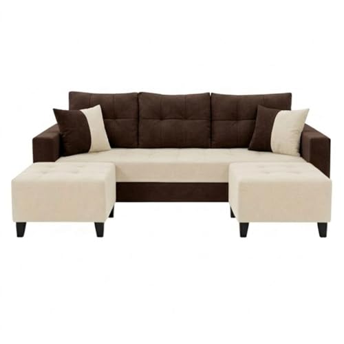 Image of SLEEPIFY Harlon Velvet-Suede Fabric 3 Seater Sofa Set with 2 Ottoman (Dark Brown - Cream) | Comfortable & Spacious Seating | Modern Sofa Set for Living Room | Soft Touch Upholstery