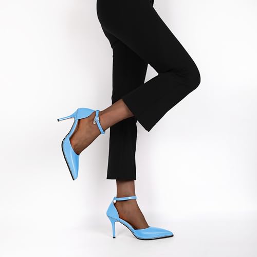 Soireelady Womens High Heels Beaded Pumps Stiletto Ankle Strap Pointed Toe D'Orsay Heel Dress Shoes Patent Leather 3.5 Inch2