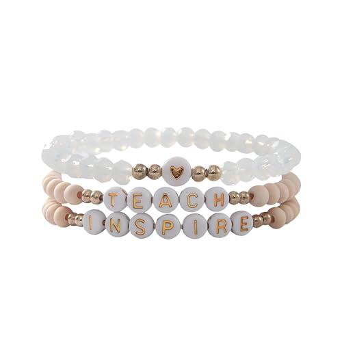 tenghong2021 Acrylic Bead Elastic Rope Beaded Bracelet for Women Handmade Wood Beaded Teacher Appreciation Strand Bracelets Teach Inspire Beaded Teacher Bracelets for Women Gifts Jewelry