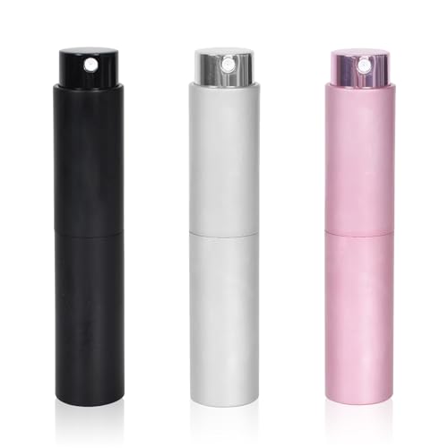 Cleminsta Frasco Perfume Recargable 10ML, Spray de Perfume Portátil, Botella Pulverizador Perfume para Viaje, Atomizador Perfume Recargable, Dispensador de Perfume, Negro, Rosa, Plateado
