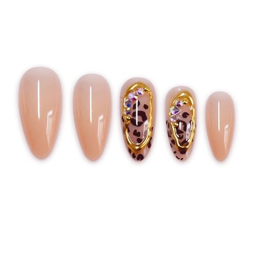 Image of Leopard Print Press on Nails Medium Almond Fake Nails Nude False Nail with Gold Line Design Glossy Full Cover Glue on Nails Artificial Acrylic Stick on Nail for Women Manicure 24Pcs
