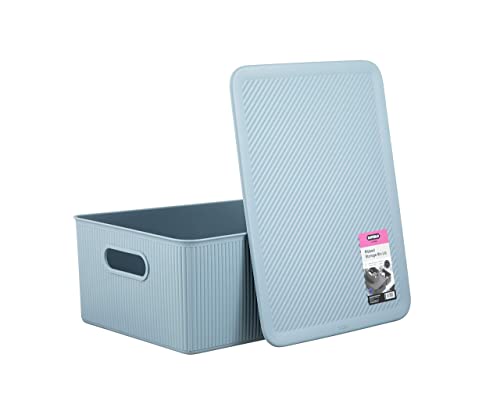 Image of Superio Ribbed Decorative Plastic Home Storage Bins 2 Pack, Blue Organizer Baskets 15 Liter, Boxes for Organizing Closet Shelf (Bin with Lid- Large)
