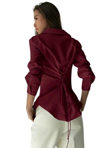 Image of OOMPH! Women Solid Cotton Shirt with Back Tie-Up Detail | Corset Style | Cinched Waist Shirt | Cotton Formal Shirt