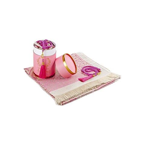 Muslim Prayer Rug and Prayer Beads with Elegant Cylinder Gift Box | Janamaz | Sajadah | Soft Islamic Prayer Rug | Islamic Gifts Set | Prayer Carpet Mat, Taffeta Fabric, Pink Cover