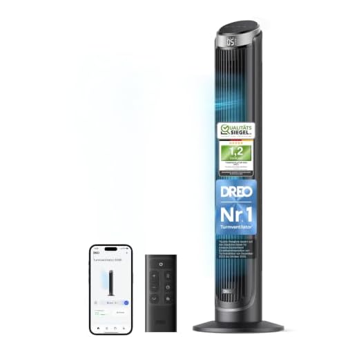 DREO Smart Turmventilator Sehr Leise, 90° Oszillierend Standventilator für Schlafzimmer, 7.9 m/s Windstärke, 5 Stufen, 4 Modi, Touch/Fernbedienung/App & Sprachsteuerung, Alexa, 12H Timer, Silber