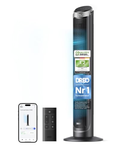 DREO Smart Turmventilator Sehr Leise 90 Oszillierend Standventilator für Schlafzimmer 7.9 m/s Windstärke 5 Stufen 4 Modi Touch/Fernbedienung/App & Sprachsteuerung Alexa 12H Timer Silber