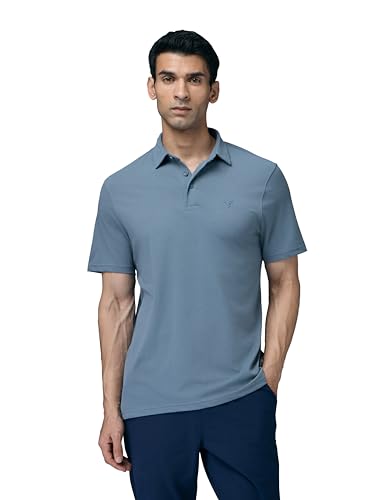 Image of TECHNOSPORT Men's Solid Slim Fit Polo Collar T-Shirt COTFLEX Half Sleeve Button Polyester for Gym Running Workout UPF50+ Anti Odour