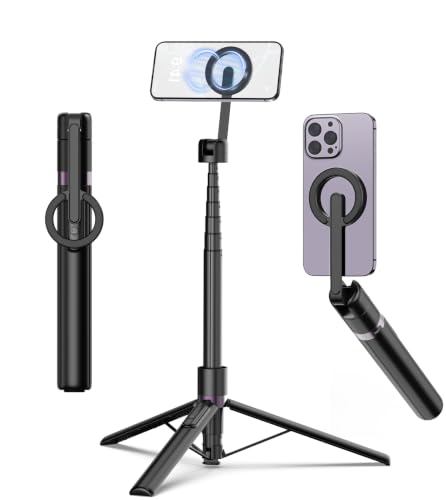TONEOF Magnetic Selfie Stick Tripod with Aluminum Strong Magnetic Holder for Magsafe, 360° Rotatable Travel Phone Tripod Stand with Metal Ring & Rechargeable Remote for iPhone/Android(Black,67')