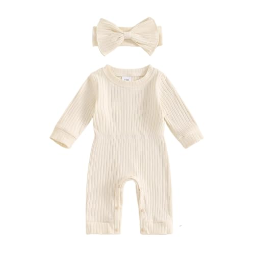 Image of Winioder Newborn Baby Girl Fall Clothes Ribbed Long Sleeve Romper Jumpsuit with Headband Infant 2Pcs Coming Home Outfit
